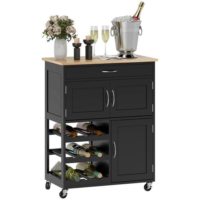 LIA Chariot de cuisine en bois avec porte-bouteilles 3 portes et tiroir 67x37x87 cm noir et chêne