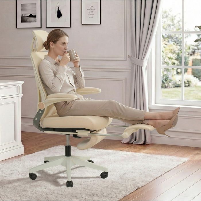 Chaise de bureau ergonomique pliante avec appui-tete 3D soutien lombaire accoudoirs rabattables et repose-pieds maille beige