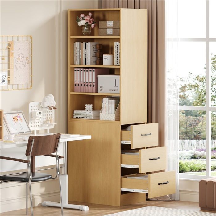 Étagère murale haute 180 cm design étroit avec tiroirs latéraux et étagères ajustables adaptable à tout petit intérieur Étagère murale haute 180 cm design étroit avec tiroirs latéraux et étagères ajustables adaptable à tout petit intérieur