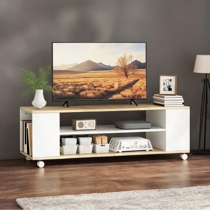 Meuble TV blanc et naturel 120 cm pour téléviseur jusqu’à 55 pouces style contemporain