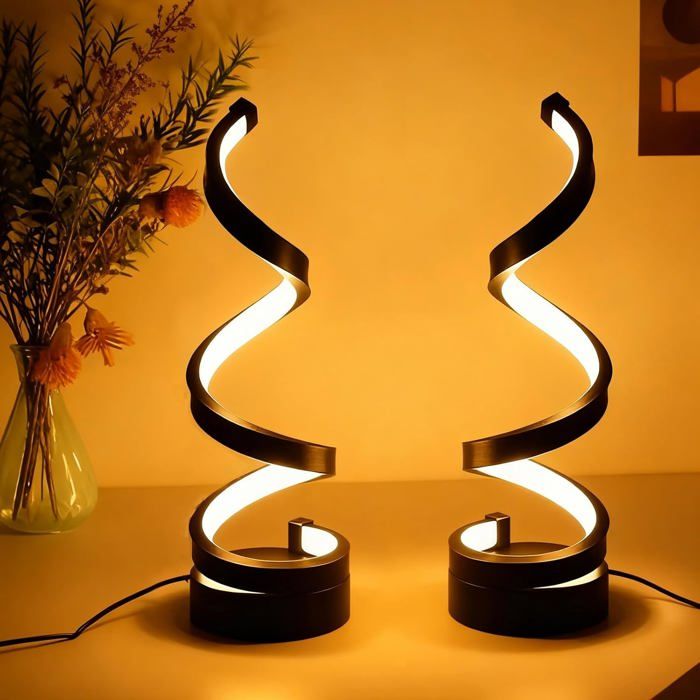 Lampe de chevet LED - Lampe de bureau design spirale moderne USB 3 couleurs avec variateur pour salon et chambre (Noir)
