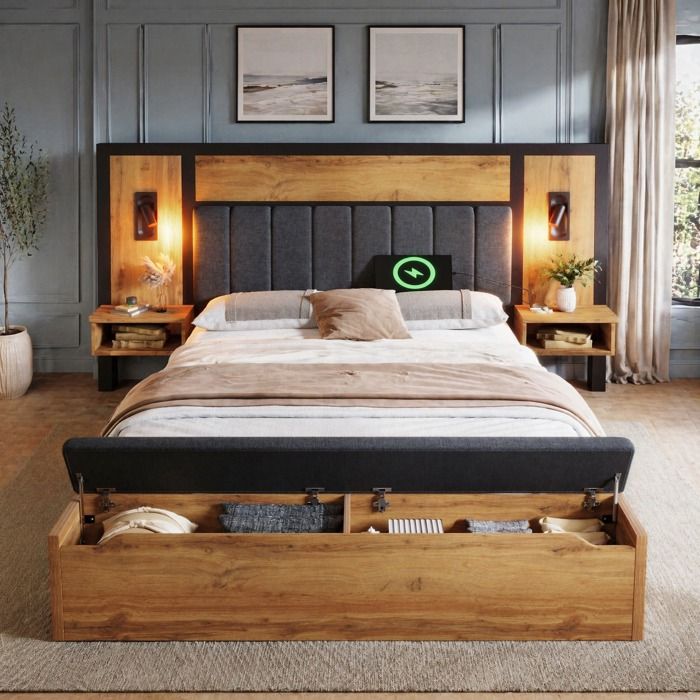 Lit combiné chêne 241 x 234 x 118 cm 160 x 200 cm liseuses USB Type-C chevet et banquette coffre sommier à lattes