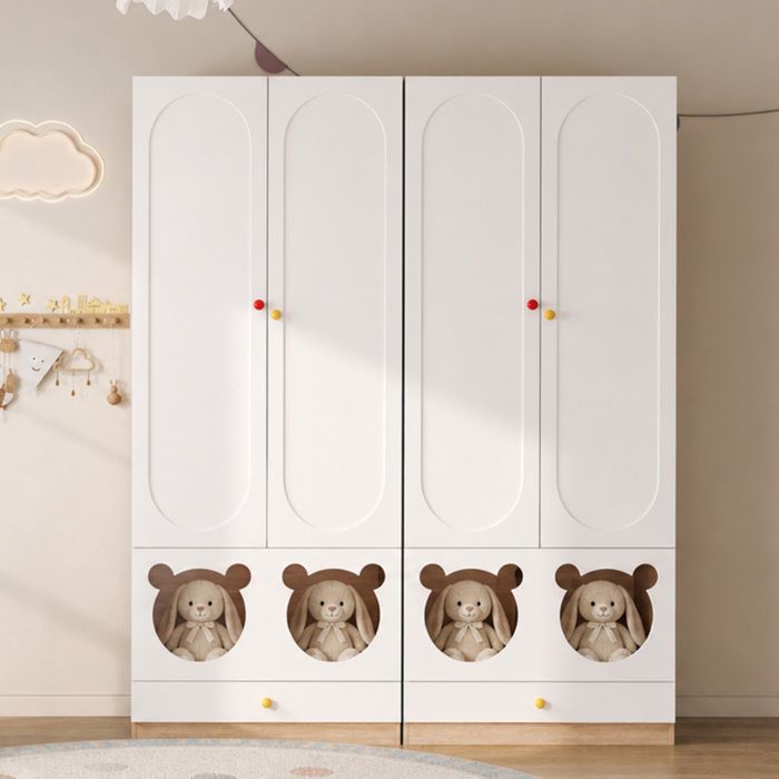 Lot de 2 armoires enfant 80x50x200 cm avec 2 portes tringle tiroirs design ours MDF blanc/bois naturel