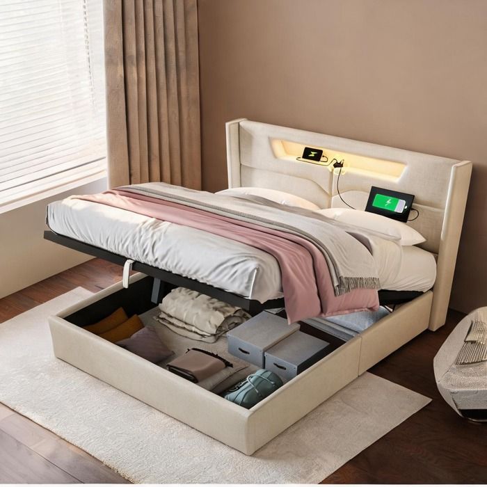 Lit double 160x200 cm en lin beige avec LED USB-C et coffre de rangement intégré
