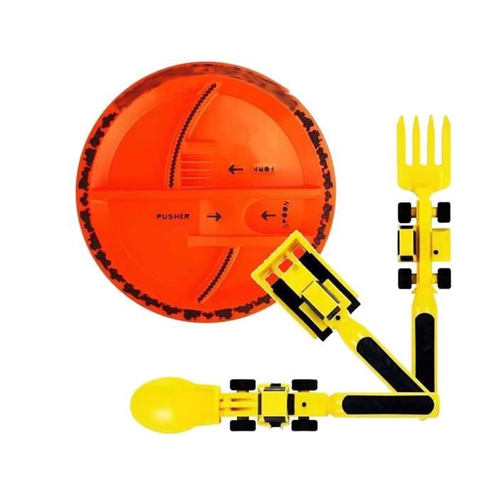 Assiette et couverts pour enfant en forme de chantier Bulldozer - Orange