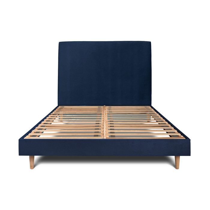 Lit 140x190 - SOMMEIL DE PLOMB - Tête tapissier velours H29cm - Bleu océan - Sommier kit 14cm