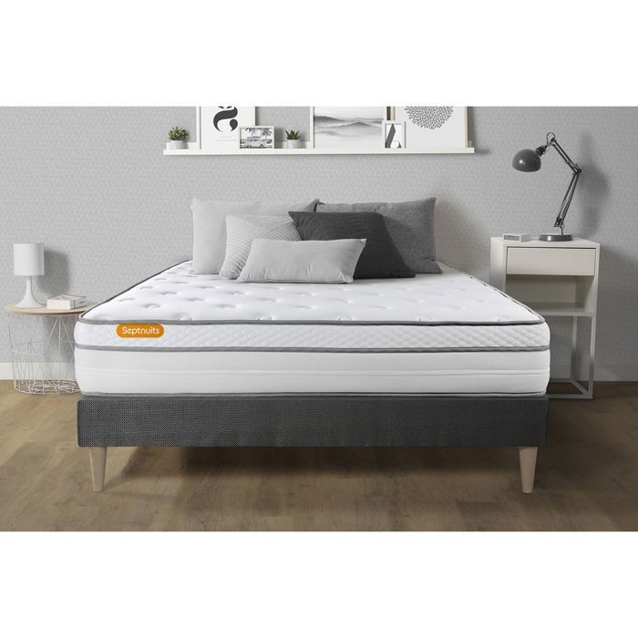 Ensemble sommier matelas 180x200 Memo luxe Ressorts ensachés et mémoire de forme - 26 cm - Equilibré - sommier kit gris