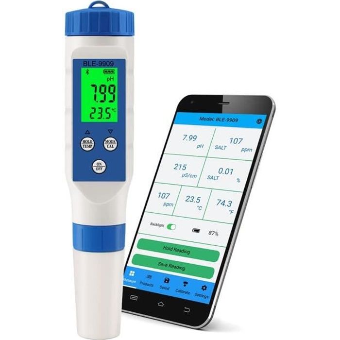 PH-Mètre 5 En 1 OPSLEA - Testeur TDS/EC/Salinité/Température Pour Piscine & Hydroponie