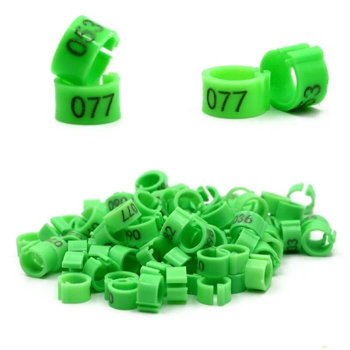 100 Anneaux Patte Pigeon 8mm Numérotés 001-100 - Plastique Vert - Pour Volailles Petits Oiseaux