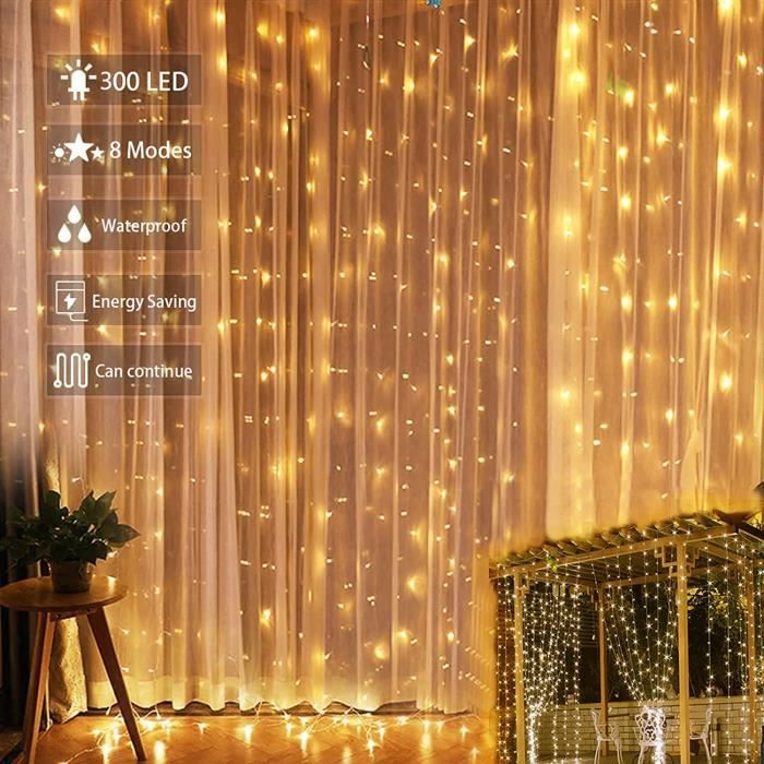 Yizhet Rideau Lumineux, 3x3m LED Guirlande Lumineuse Rideau 300LEDs, 8  Modes d'Eclairage, Télécommande Minuterie, Decoration de Noël, Fenêtre
