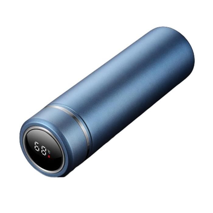 Bouteille isotherme bleue mate avec affichage numérique et filtre à double couche - Design intelligent pour boissons chaudes et froi