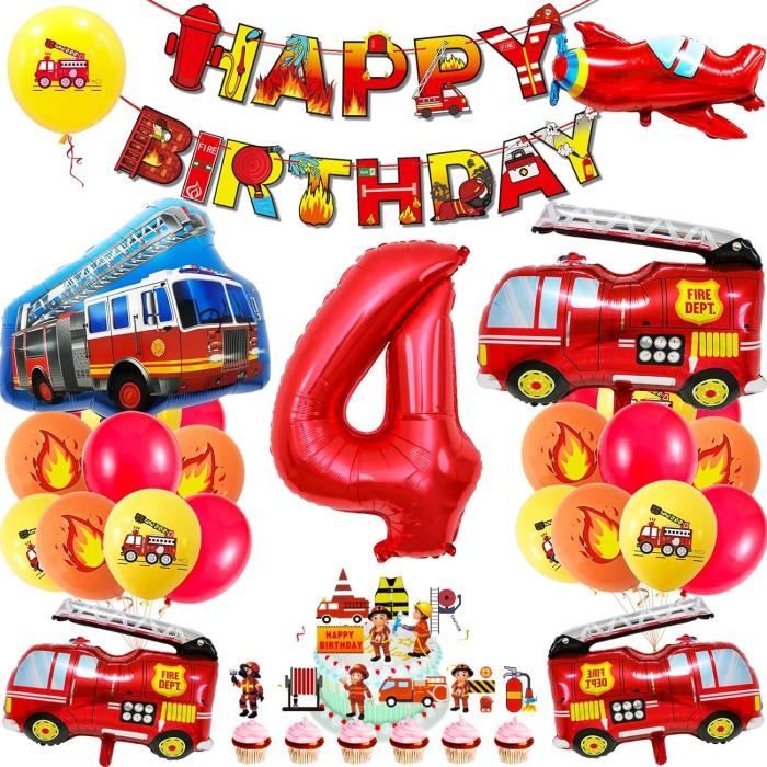 Déco Anniversaire Thème Pompiers 4 Ans – Kit 39 Pièces : Bannière, Ballons, Décorations Gâteau | Fête Enfant Complète