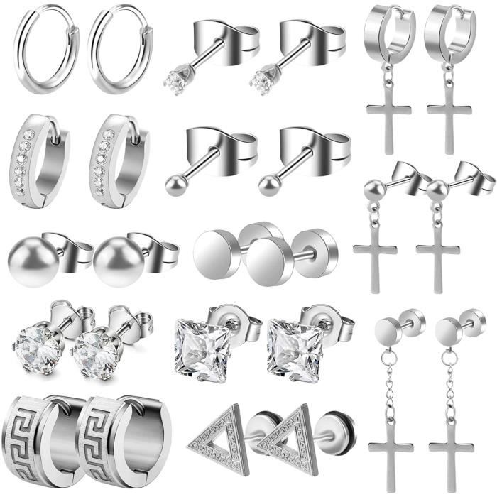 Lot De 16 Paires De Boucles D'oreilles Pour Homme - Noir, Acier Inoxydable, Style Punk Et Robuste