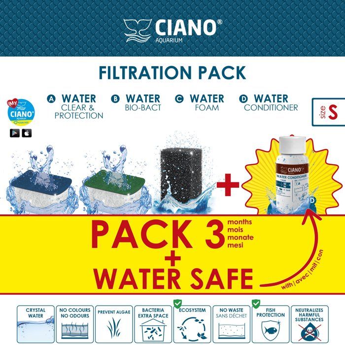 Pack entretien aquarium - CIANO - Taille S - 3 cartouches - Conditionneur - Traitement eau