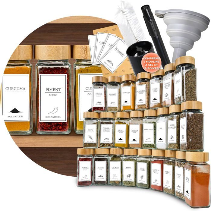 comforder Pots à Épices Carrés (24 pcs) - Verre 120 ml, Couvercle en Bambou, Bouchons Verseurs, Étiquettes & Entonnoir