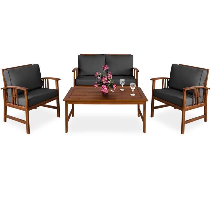 Deuba | Salon de jardin ATLAS • en Bois d´acacia • coussins anthracite | Ensemble table et chaise de jardin, mobilier, terrasse