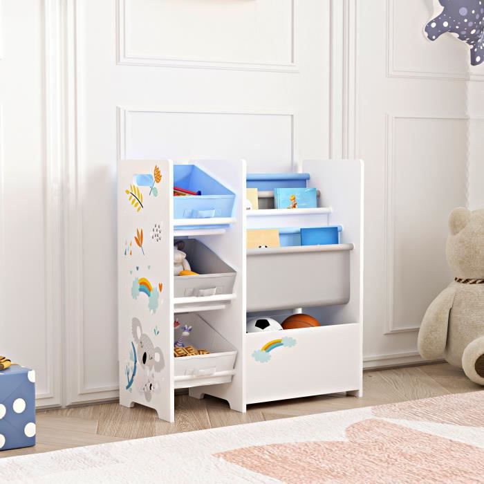 Étagère de rangement Vimianzo pour enfant avec 3 bacs ouverts blanc gris bleu