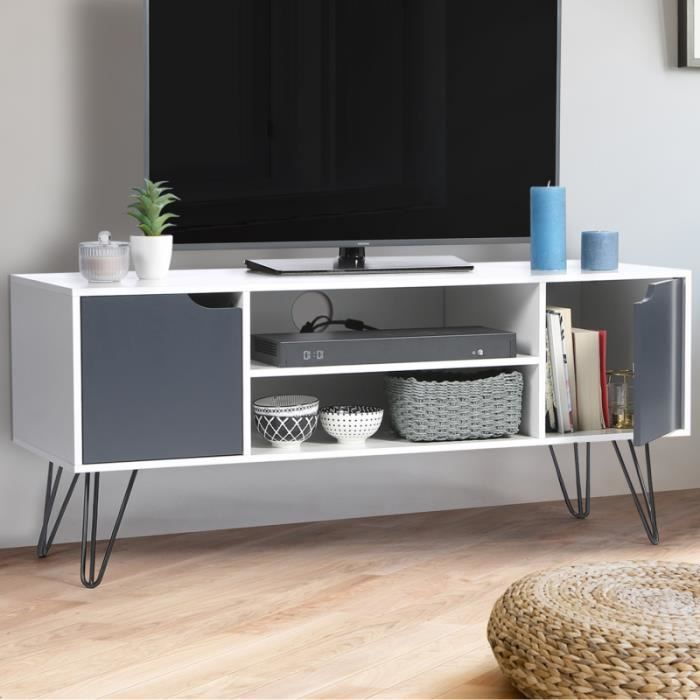 meuble tv vintage noemi pied epingle blanc portes grises achat vente meuble tv meuble tv vintage noemi bois cdiscount