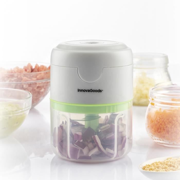 InnovaGoods® Mini Hachoir Rechargeable Portable Echoppie, Pratique et Polyvalent, Idéal pour Hacher des Fruits, des Légumes, des Noix, 3 Lames en Acier Inoxydable, Capacité de 150 ml, Puissance de 45