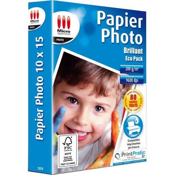 Papier Photo Brillant 10x15 - Micro Application - Pack de 80 feuilles - 200 g/m²