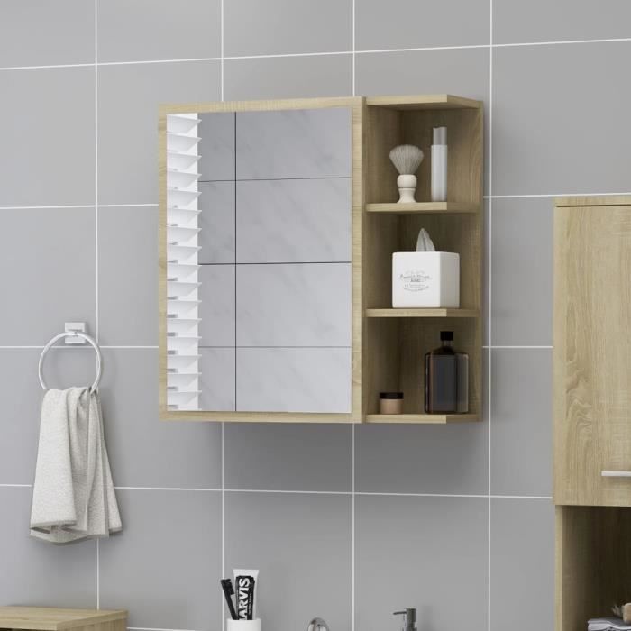 Armoire à miroir LED OVONNI - Chêne Sonoma - Meuble de salle de bain avec 1 porte et 5 compartiments