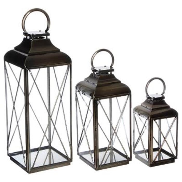 lot de 3 lanternes coloris bronze en acier et verre - dim : 37,5 cm / 48 cm / 65 cm