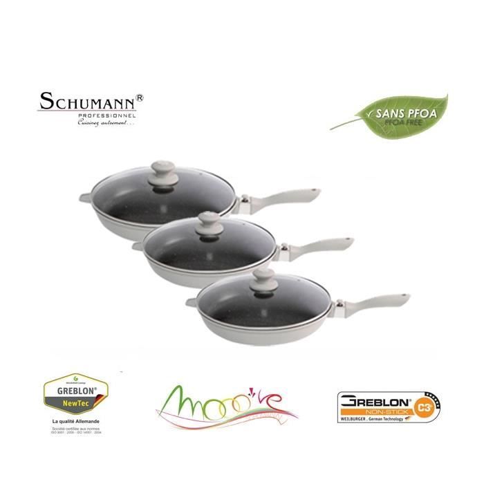 Set 3 Poêles En Pierre Cenocco 20/24/28cm - Induction Sans PFOA Noir