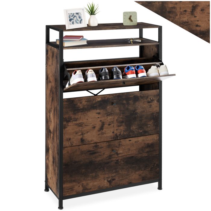 Meuble à chaussures - TECTAKE - Meuble à chaussures BUFFALO en panneau aggloméré 81 x 32 x 130 cm - Bois foncé
