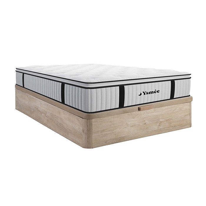 Ensemble 160 x 200 cm sommier coffre naturel clair + matelas ressorts ensachés surmatelas intégré ép.28cm - AMERICAN DREAM de YSMÉE