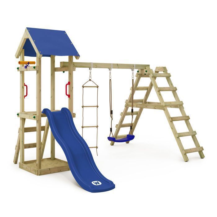 Tour de jeux WICKEY TinyLoft pour tout-petits avec balançoire module d’escalade et toboggan 175 cm bleu – 10 ans de garantie*