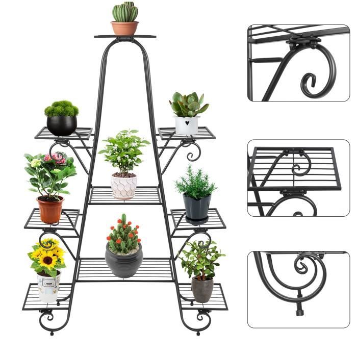 Willonin® Étagère Plante avec 9 Tablettes, Support de plante à 5 niveaux, Porte-Plante en Fer Forgé pour Balcon Jardin, H 128.6 cm