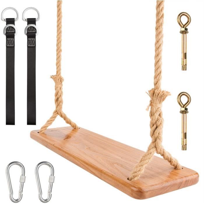 Balançoire Enfant Adult Siège en Bois,Portique Balancoire Bois avec Corde Jute Réglable，Tous Les Assecoires Inclus(60*19.5*2.5cm)