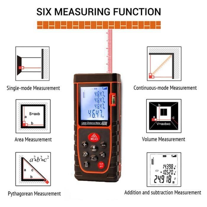 Télémètre Laser 40m, BR-Vie Portable Laser Numérique Mesure de Calcule  Distance Surface Volume/Fonction Pythagore/LCD Rétro-éclairage /Rechargeable