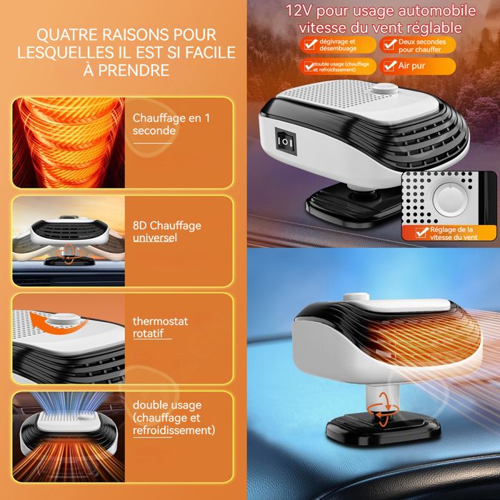 Chauffage Voiture 12V Portable 2-en-1 - Dégivrage Pare-brise Et Ventilateur, Rotation 360°, 150W - 4