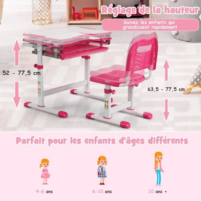 Bureau Enfants Avec Réglable En Hauteur  51-73 Cm  & Plateau Inclinable 0 60deg Table Detude Ergonomique Avec Support De Livre Tiroir Charge 80kg Pour Enfants De 3 12 Ans Rose