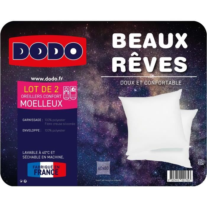 Oreiller Dodo Lot de 2 oreillers Tendance - 60 x 60 cm - Garnissage 100%  Polyester fibre creuse siliconee - Blanc