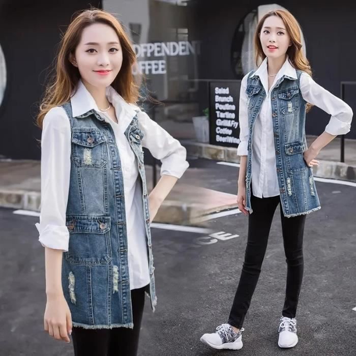 Manteau cardigan en jean mi long pour femme gilet en jean femme email denim printemps automne decontracte 2022 1607 black Blanc Cdiscount Pret a Porter