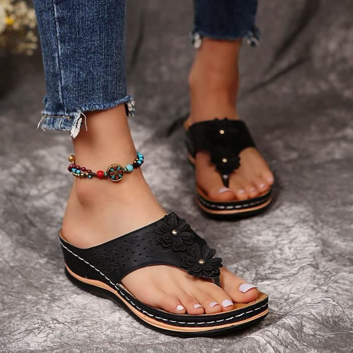 Sandales Orthop diques Femme Noir Semelle Epaisse Support de