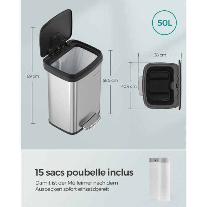Poubelle De Cuisine 50L SONGMICS Avec Pédale - Couvercle Silencieux, Seau Amovible - 15 Sacs Inclus - Crème