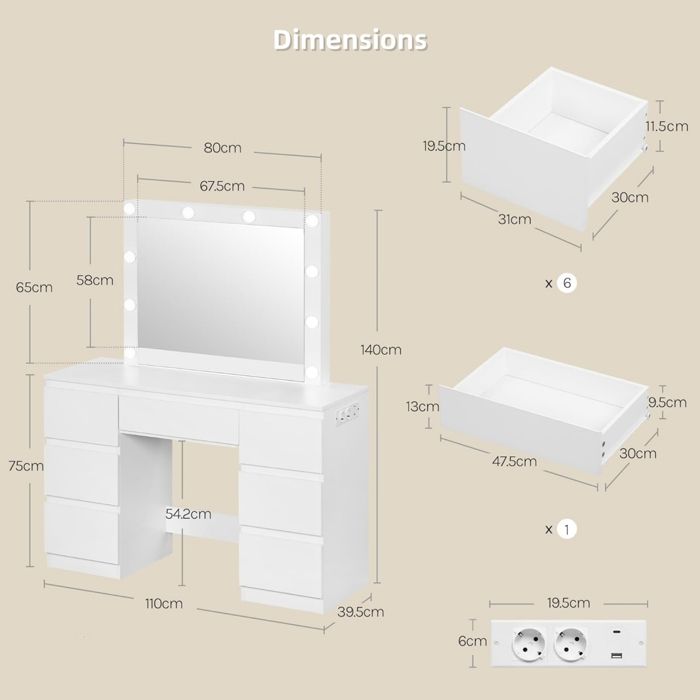 Coiffeuse Avec Miroir Et éclairage LED Réglable - 7 Tiroirs, Multiprise, Rangement Bijoux | Dimensions 40x108x149 Cm, Blanc - 3