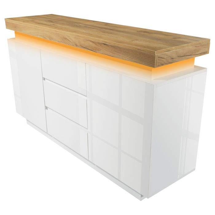 Commode, buffet brillant avec 2 portes et 3 tiroirs, éclairage LED Commode, buffet brillant avec 2 portes et 3 tiroirs, éclairage LED