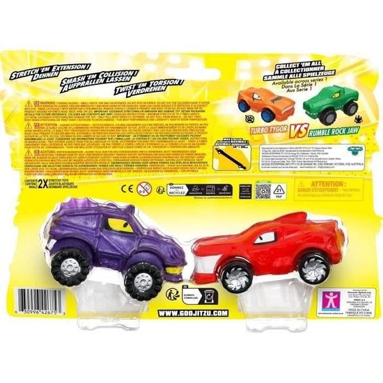 Coffret Duel Goo Mobiles – Heroes Of Goo Jit Zu – Turbo Tygor Vs Rumble Rock Jaw – Véhicules élastiques Extensibles