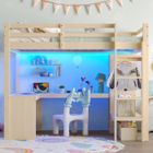 LEMONBEST Lit mezzanine enfant 140x200 cm Lit enfant avec bureau étagères et casiers, avec LED et port USB, Structure en bois massif, Naturel