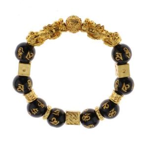 BRACELET - GOURMETTE 3x Bracelet Perles Agate Noire Pi Xiu Doré Inscrit