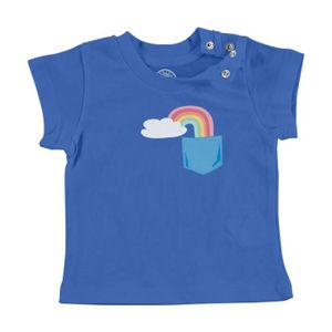 T-SHIRT T-shirt Bébé Manche Courte Bleu Poche Surprise Arc-en-Ciel Bonheur Mignon Dessin