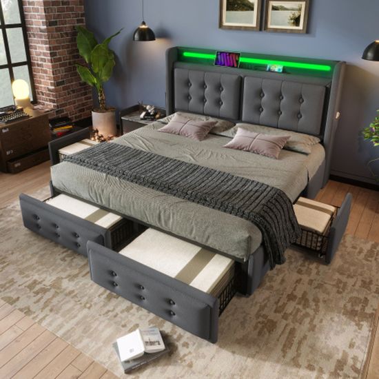 Lit Double 180x200 Avec LED Et Charge USB - Sommier à Lattes, Coffre Hydraulique, Tissu Lin Beige - Sans Matelas - 6