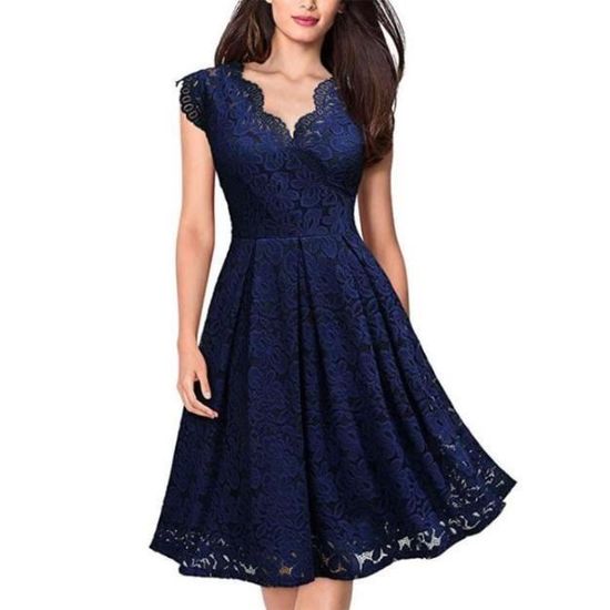 Robe De Soirée Longue En Dentelle Bleu Marine - Taille M, Manches Longues, Doublée - Neuf Sans étiquettes