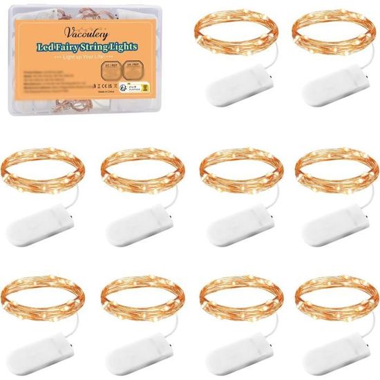 6 Guirlandes LED 2m - 20 LEDs Blanc Chaud à Piles, étanches Pour Décoration Intérieur Et Pots Mason