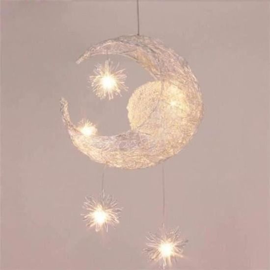 BTH21939-UNI Suspension Décorative Lune et Étoiles Lustre Lampe Aluminium pour Chambre Bébé Enfant