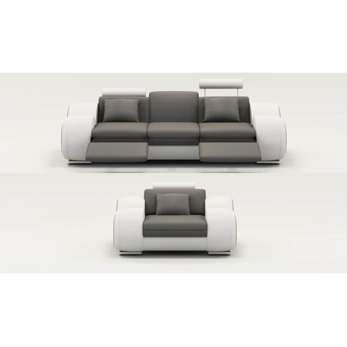 Ensemble cuir relax 3+1 places gris et blanc OSLO
